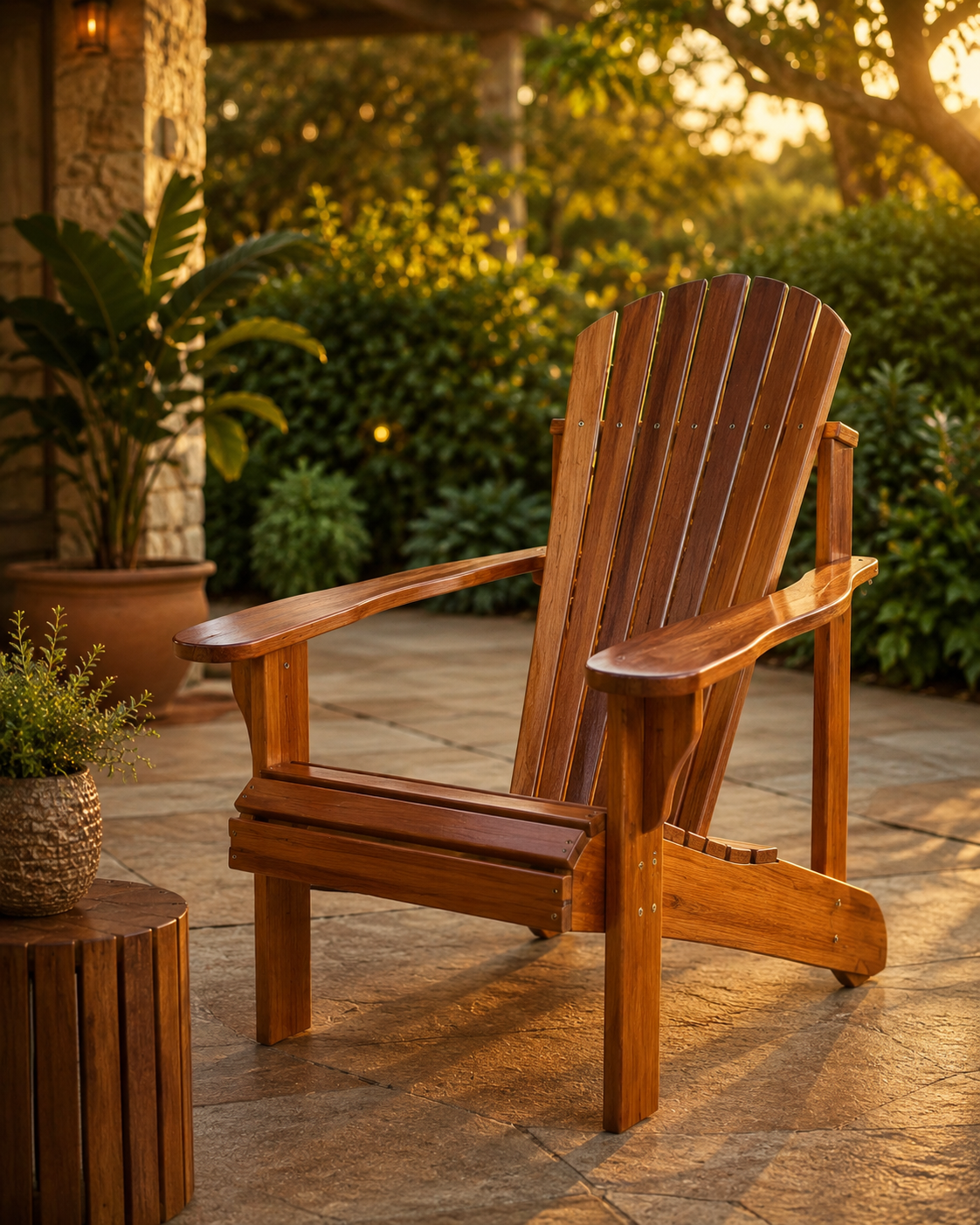 Cadeira rústica de madeira estilo Adirondack com encosto ripado e acabamento envernizado